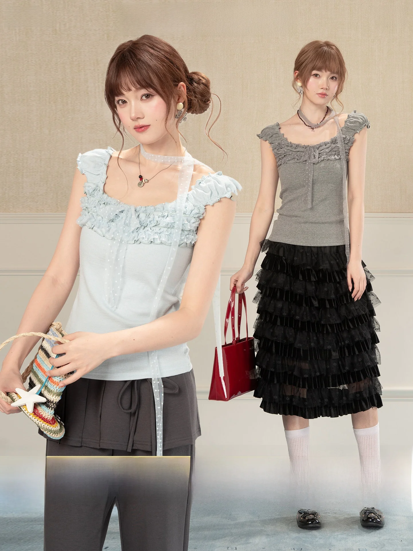 

Sweet And Spicy Knot Mesh Lace Trim Halter Vest Women's Slim Fit Sleeveless Top Cotton Fabric Summer Fashion