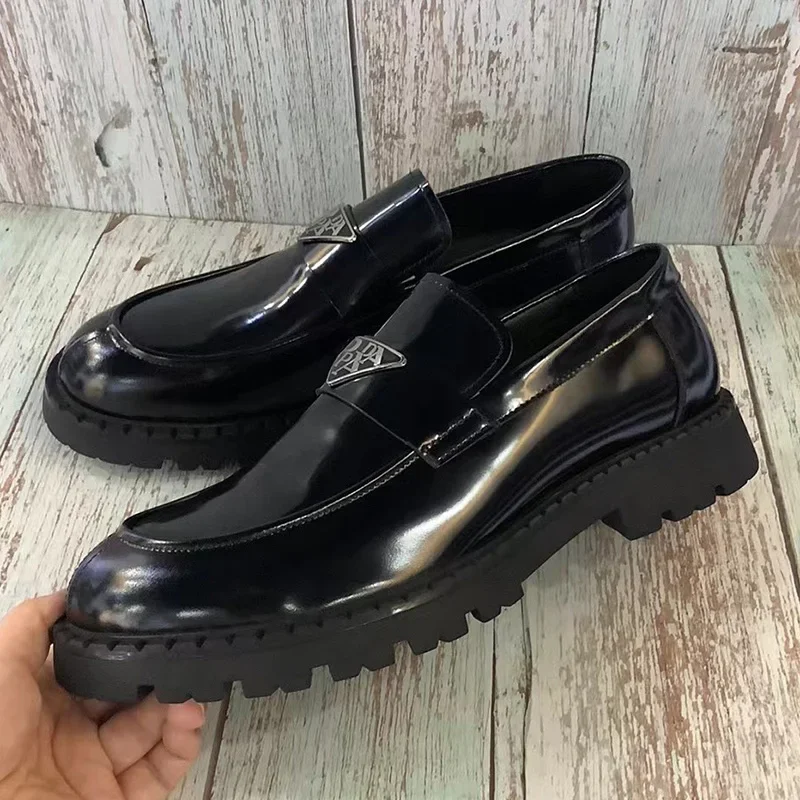 

2024 Spring and Autumn New Thick-soled Business Dress Casual Open Beaded Cowhide Glossy Footwear Lok Fu Shoes Men