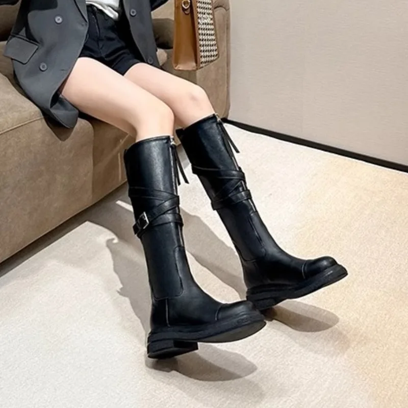 Western Knight Knee High Boots Female Thigh High Boots Black Goth Women 2024 Belt Buckle Zipper Thick Bottom Flats Shoes Ladies