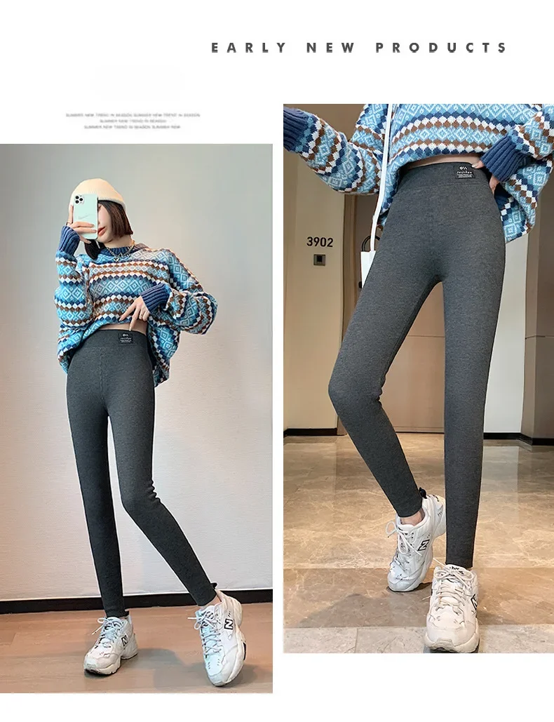 Winter-Leggings, dicke Thermohose, hoch taillierte Leggings, Damen-Leggings mit Gewinde, bequeme Stretch-Leggings, schwarz, dünn – Detail 14
