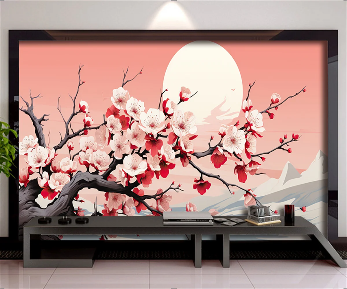 Customized Size Mural Painting Chinese Hand drawn Plum Blossom Sun Mural Home Decoration Attic Arch Bridge Flowers 3d wallpaper