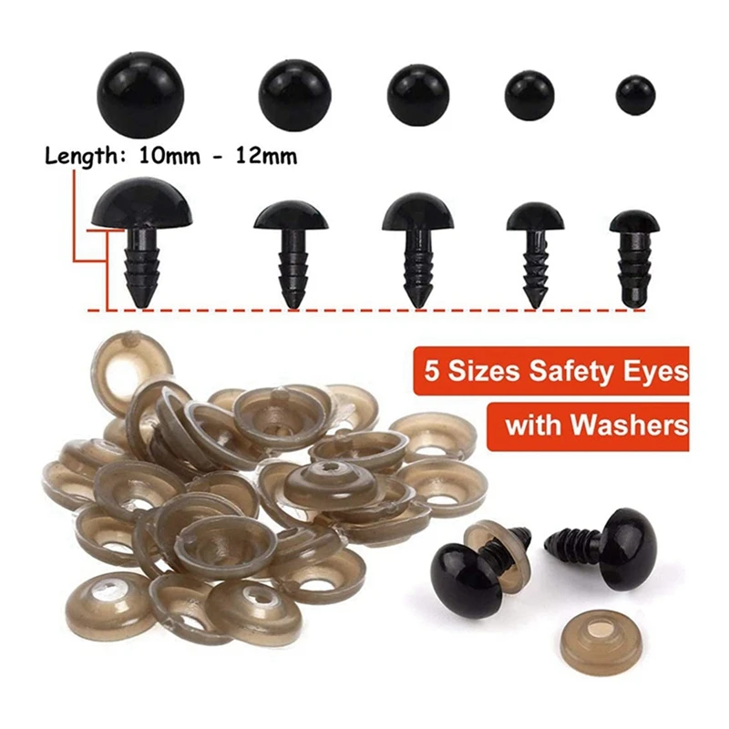 Safety Eyes With Washers, 300Pcs Small Doll Eyes Craft Toy Eyes Teddy Bear Eyes 6Mm/8Mm/9Mm/10Mm/12Mm, Black Plastic Eye