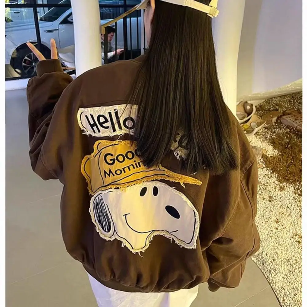 American Women's Baseball Jacket Spring Autumn Snoopy Patchwork Embroidery Zipper Coat Loose Casual Couples Outerwear Fashion