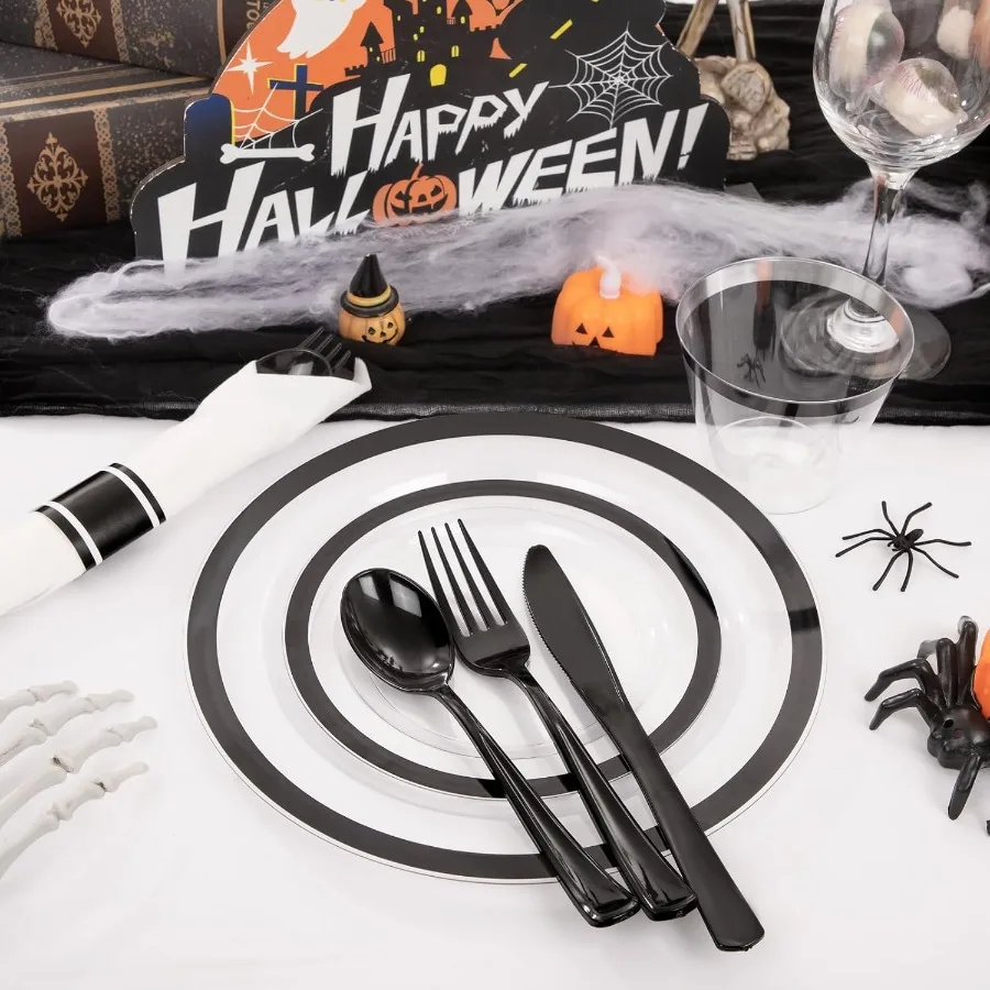 Placas transparentes com borda preta para 50 convidados, 350 peças, incluem 100 placas transparentes descartáveis, 150 talheres pretos, 50 guardanapos