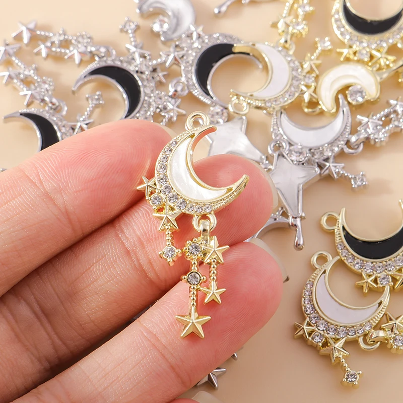 Leslie 4 Stück wunderschöne Gold-Silber-Farbe Kristall Polaris Charm für Schmuckherstellung Stern Mond Anhänger Halskette Armband Ohrring DIY – Detail 2