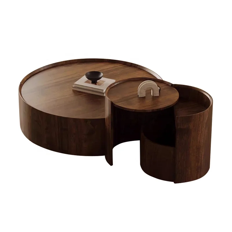 -aa Modern Simple Coffee Table Living Room Household Small Apartment Minimalist Round Walnut Skin Coffee Table Combination