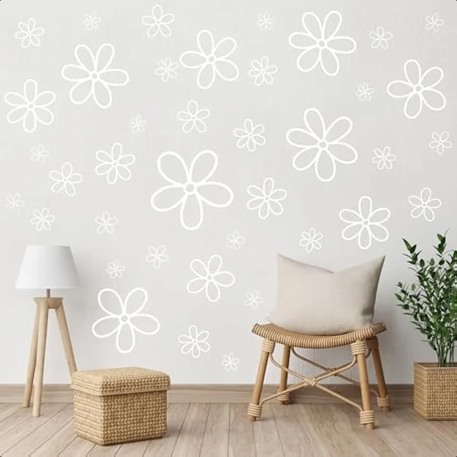 

8Pcs White Daisy Wall Sticker in Total 44 Pieces Vinyl Cute Flower Art Aesthetic Transparent Vinyl Peel and Stick Wall Decor fo