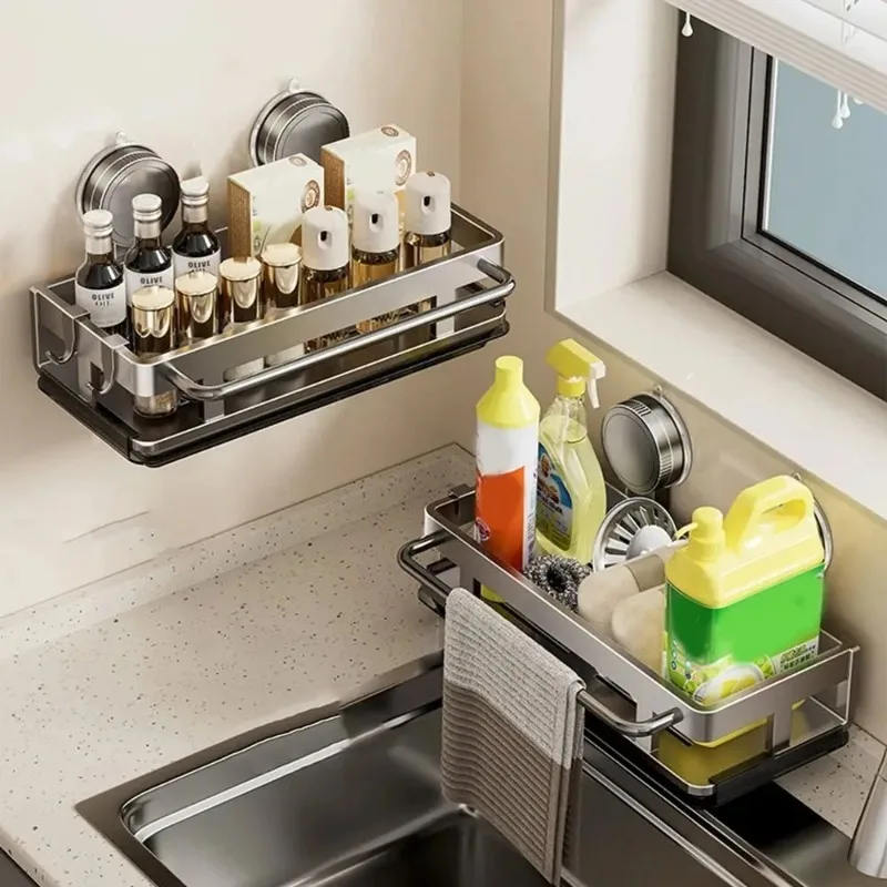 Suction Cup Kitchen Rack, No-Drilling Wall Mounted Organizer for Sponge Dish Soap, Over Sink Drainage Basket for Bathroom Too