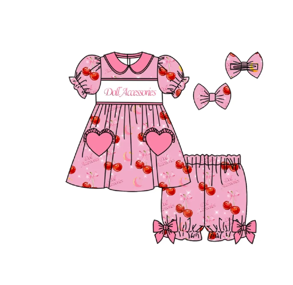 Wholesale Girls Pajama Shorts Two-piece Bowknot Toddler Girls Letter Cherry Print Pajama Set
