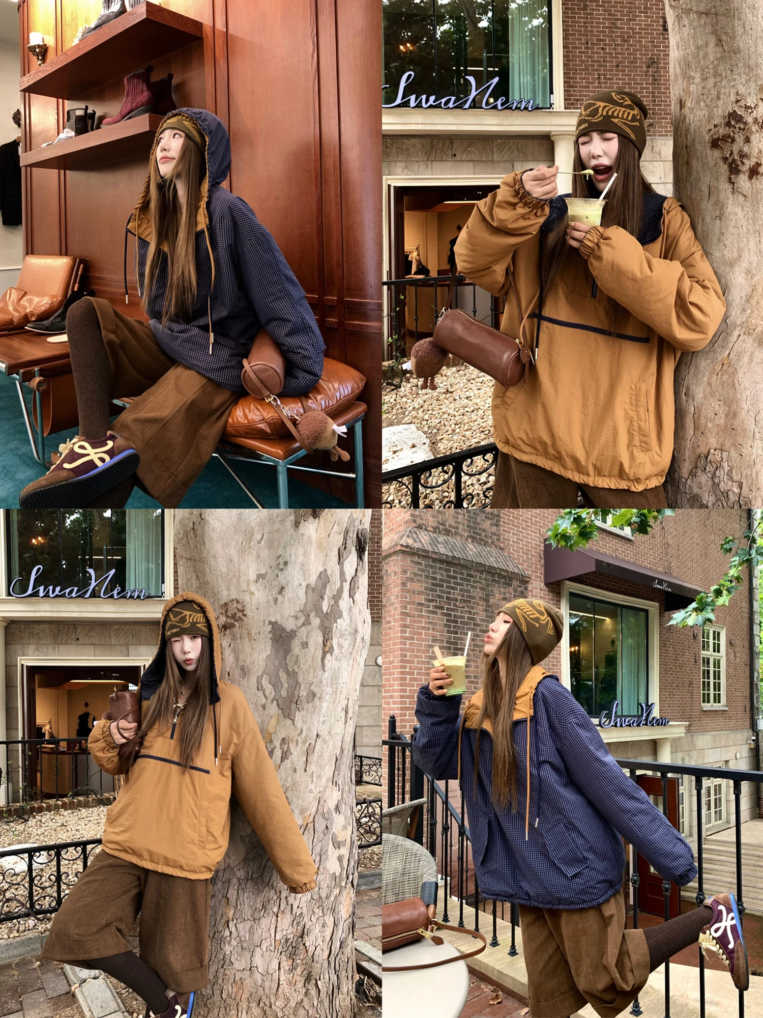 

Double-Sided Wear Plaid Cotton Jacket Loose Versatile Hooded Zipper Closure Thickened Long Sleeve Standard Length Casual Oute...