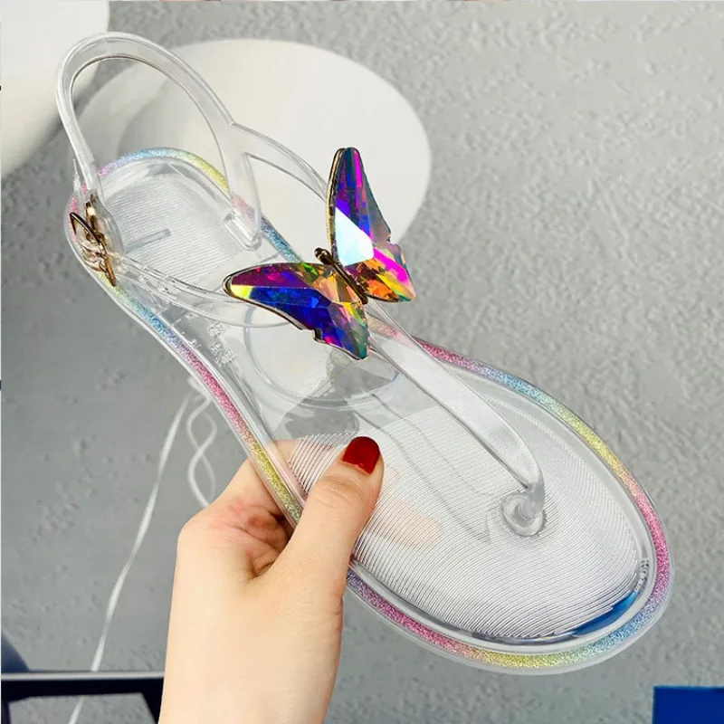 Large Size 42 Fashion Woman Jelly Shoes 2021 New Transparent Women\'s Sandals Summer Simple Butterfly PVC Beach Crystal