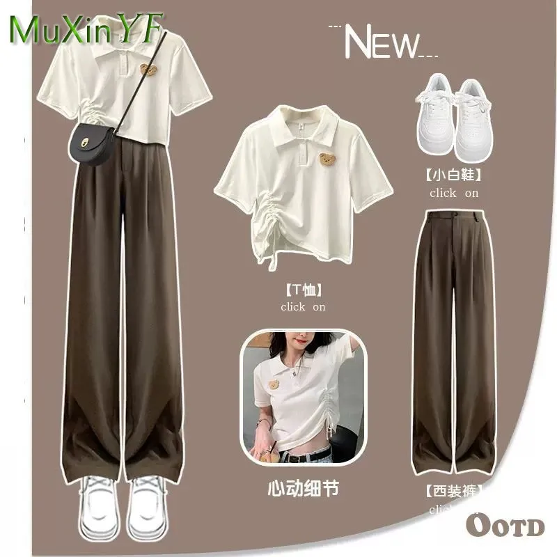 2025 Summer New in Matching Set Women's Fashion Loose Polo Neck Short Sleeve T-shirt+Casual Pants 2 Piece Korean Chic Tracksuit