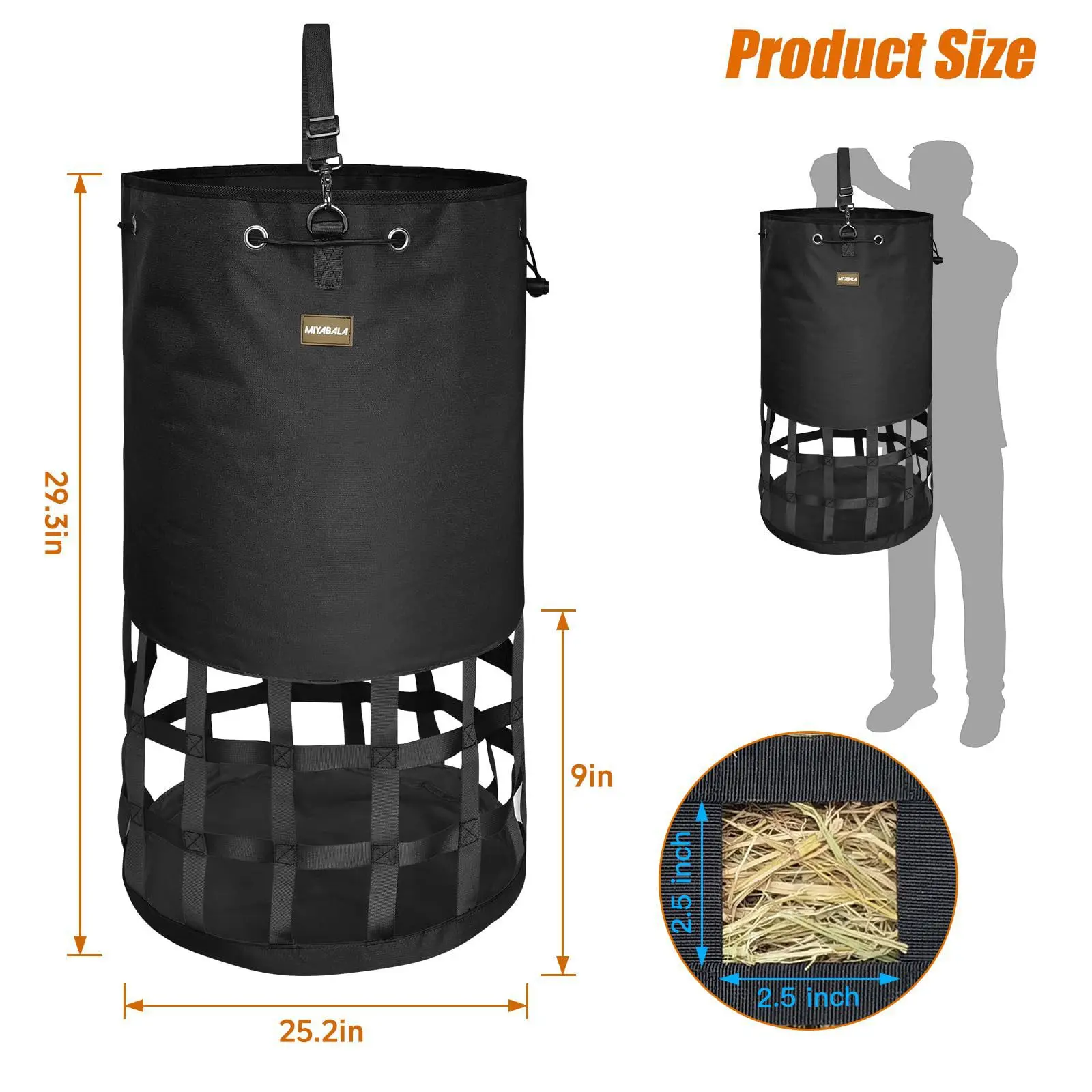 Cross-border hot-selling horse hay bags, hay storage hanging bags, slow food hay bags with large openings and drawstring mesh