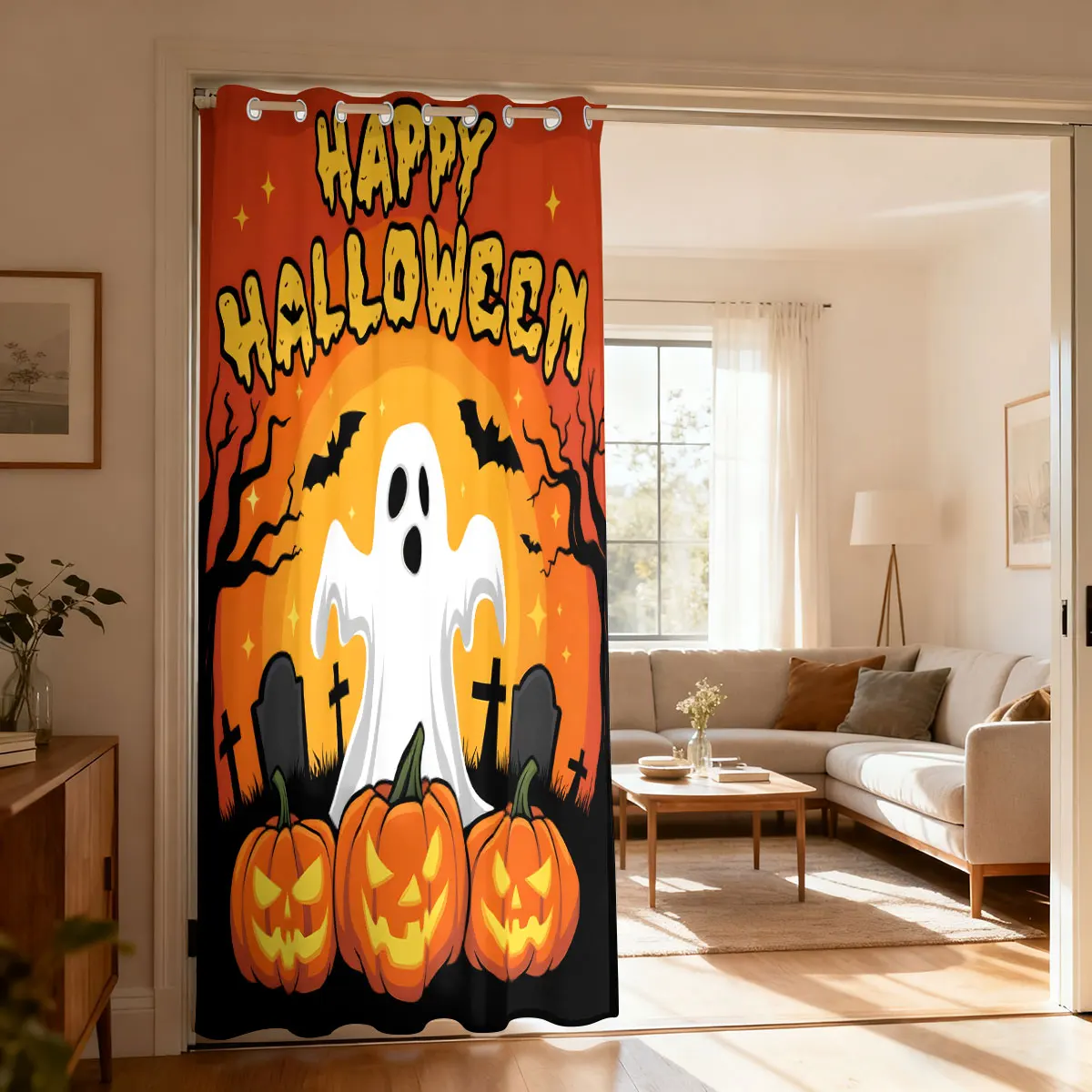 Happy Halloween Single Piece Loop Curtain Graveyard Ghost Pumpkin Bat Pattern Punch Hole Drape 1PC Living Room Bedroom Door W