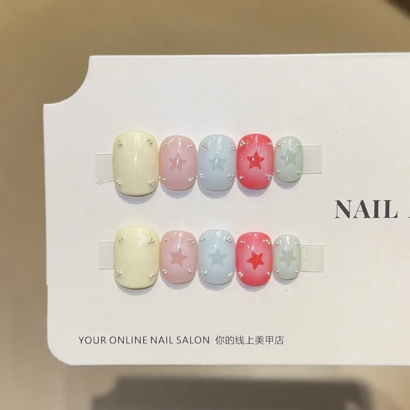 10Pcs Handmade Nails Summer-themed Colorful Dopamine Star Short Nails These Press-on Nails Make A Great Gift for Girl and Friend
