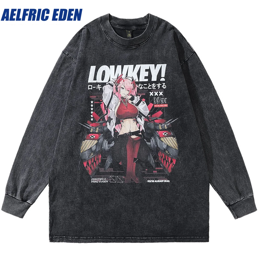 

Aelfric Eden Japanese Anime Girl Print Washed Sweatshirts Vintage Men Shirts Harajuku Hip Hop Punk Gothic Long Sleeve Tshirt Top