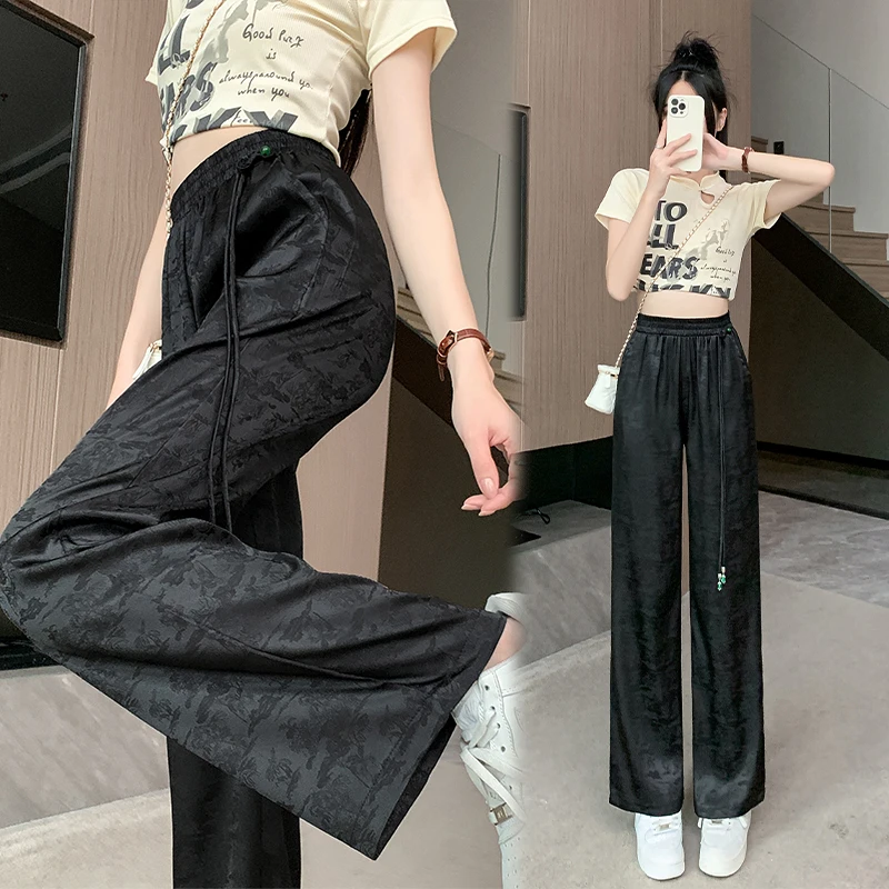 

New Chinese style satin jacquard women's spring new high waisted draped straight leg wide leg pants, casual pants