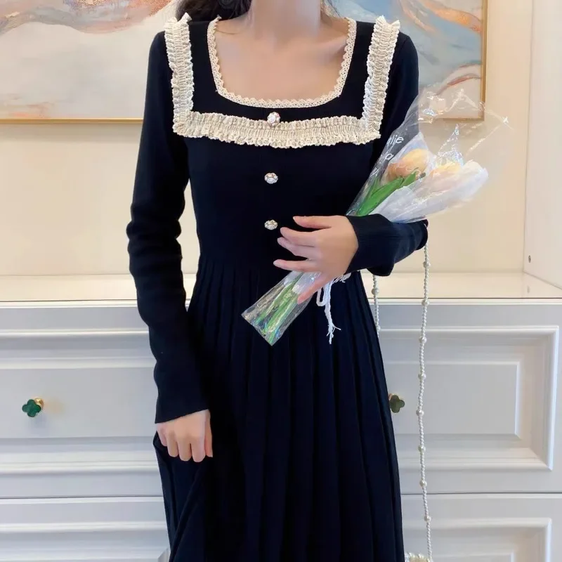 Topenomi Elegant Knitted Dress Women Christmas Party Lace Square Collar Waist Slim Pleated Long Dresses Sweet Full Sleeved Robes