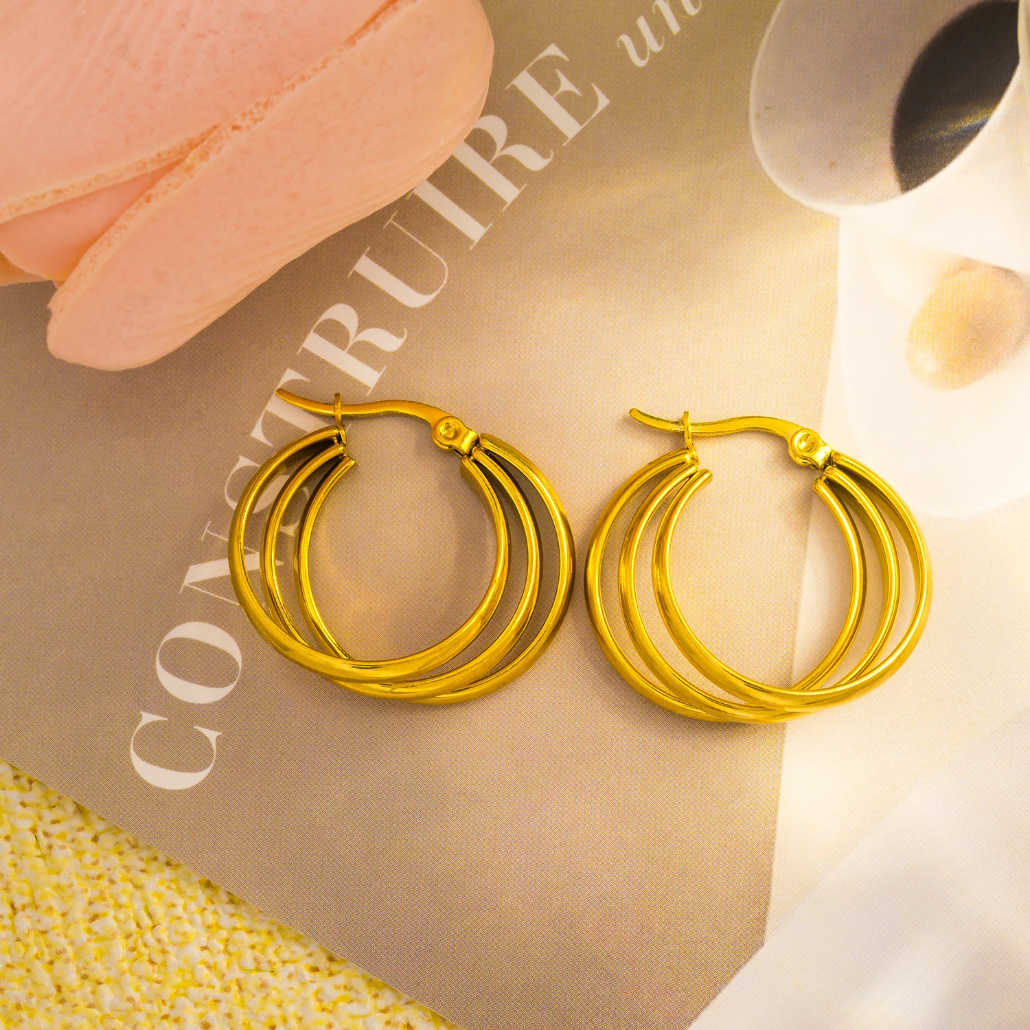 Multilayer Big Hoop Earrings for Women Fashion 18K Gold Plated Stainless Steel Hoops Ear Buckle Jewelry