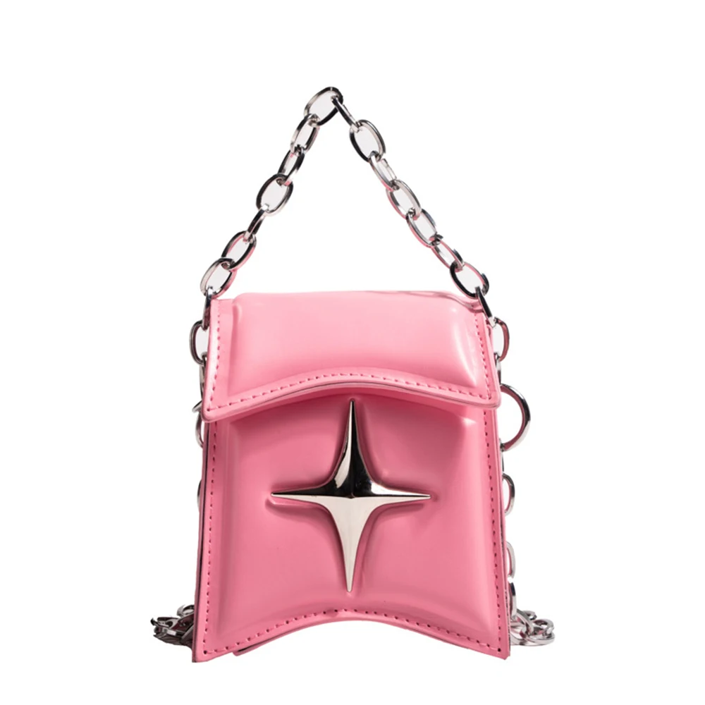 Y2K Vintage Korean Chain Shoulder Bag PU Leather Ladies Clutch Purse Gothic Star Flap Crossbody Bag Solid Color Buckle Handbags