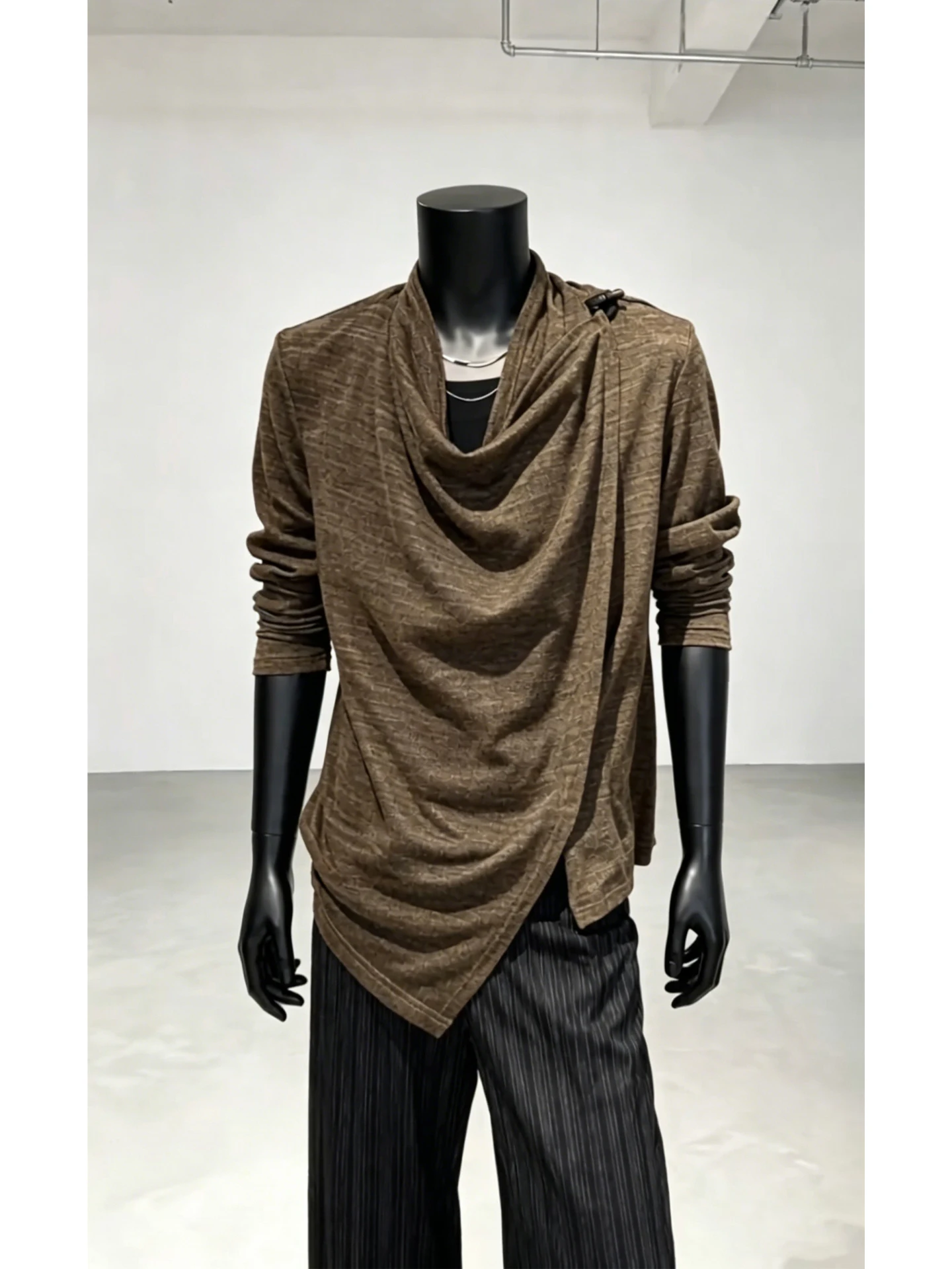 Folded Design Men's Summer Thin Breathable T-shirt Loose Couple Tops Asymmetrical Long Sleeve Cover up Casual Knitted Shirt