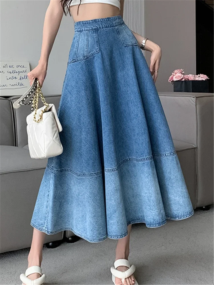 REALEFT High Waist Gradient Women's Denim Long Skirts Spring Summer Vintage Cowboy Jeans Umbrella Zipper Skirt Female 2024 New