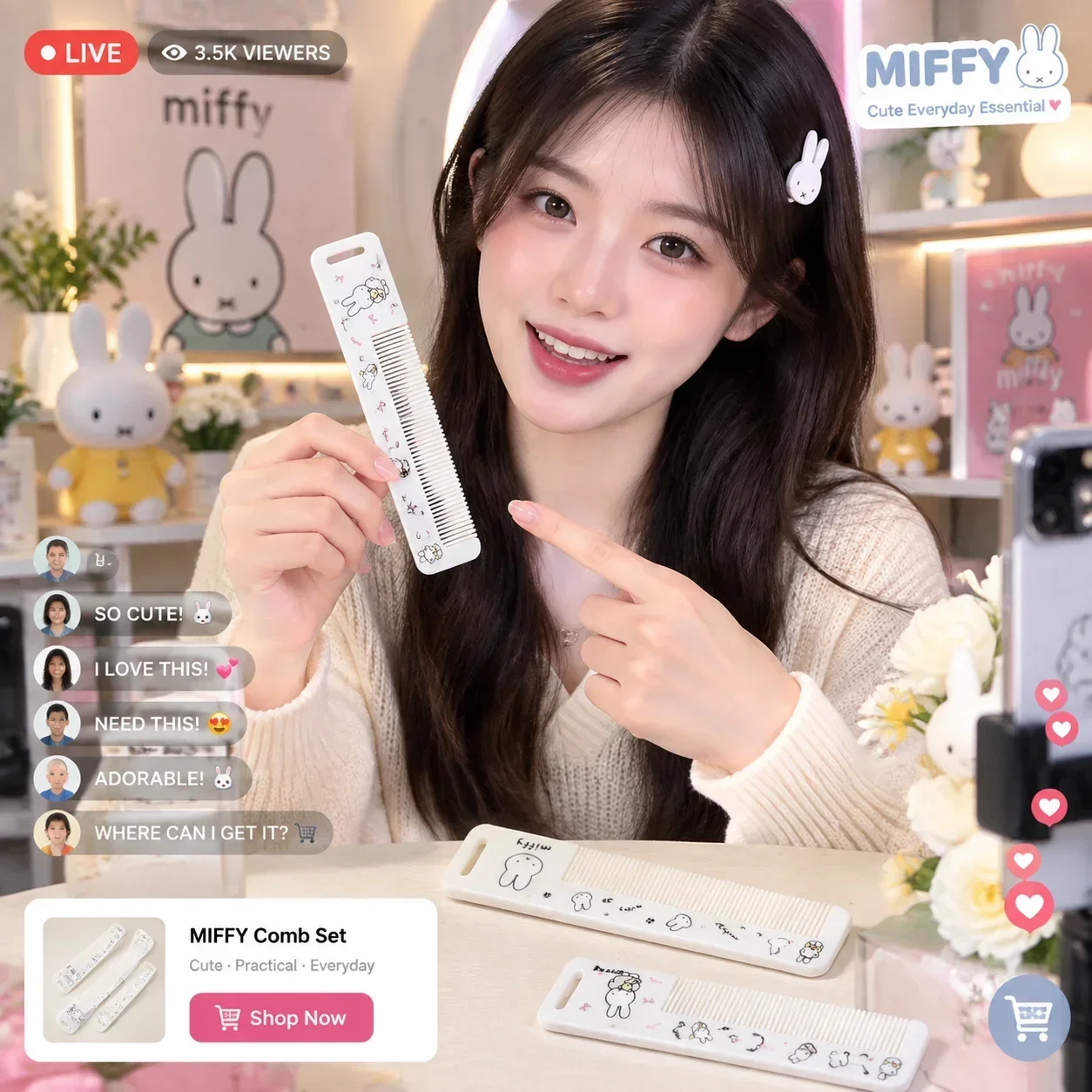 Cartoon Miffy Portable Travel Mini Comb Fine Tooth Styling Tool Hair Salon Accessory For Home Use Holiday Gift Birthday Present