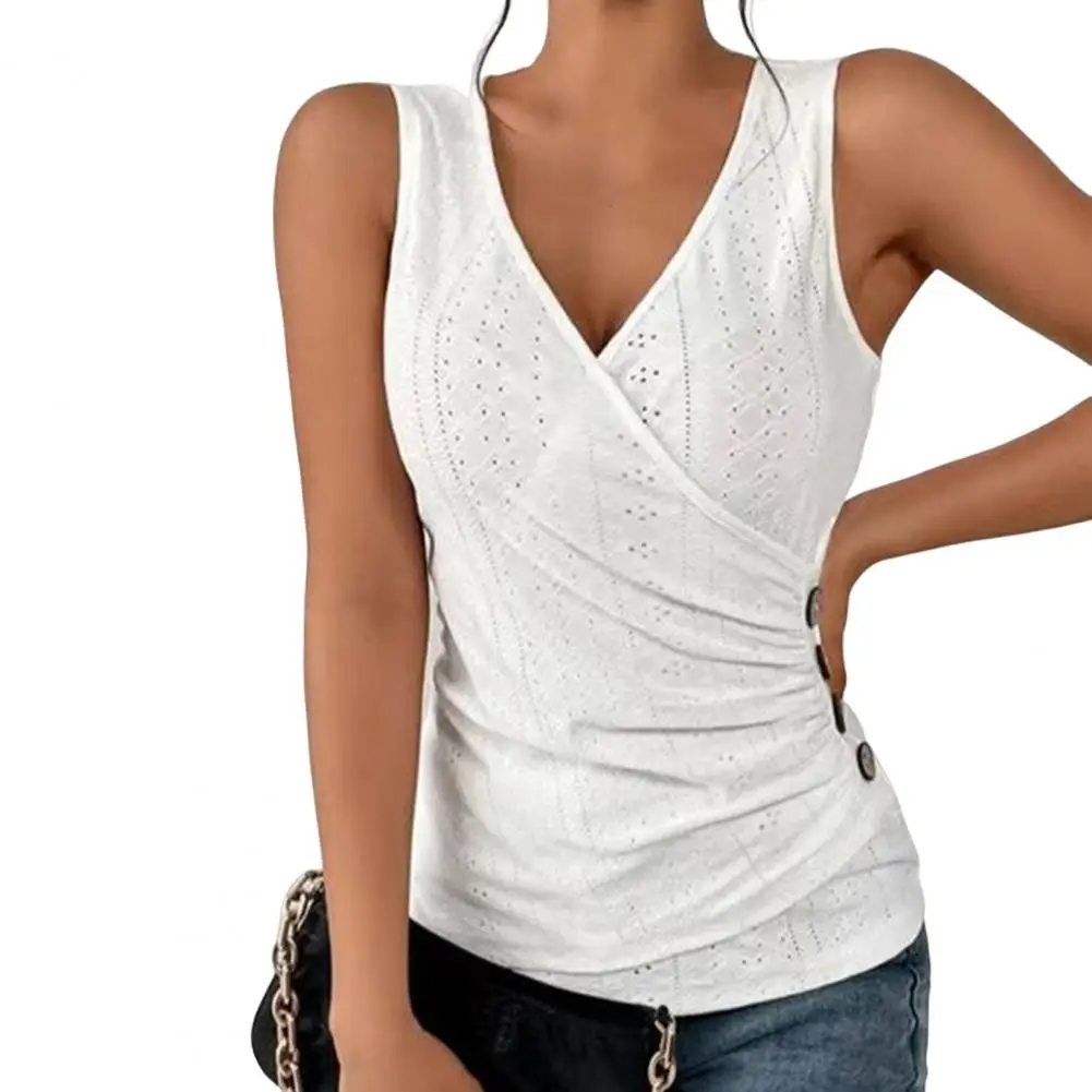 Women Summer Vest Slim Fit Deep V-neck Sleeveless  Tank Top Solid Color Hollow Out Sports Vest Mid Length Gym Jogging Tank Top