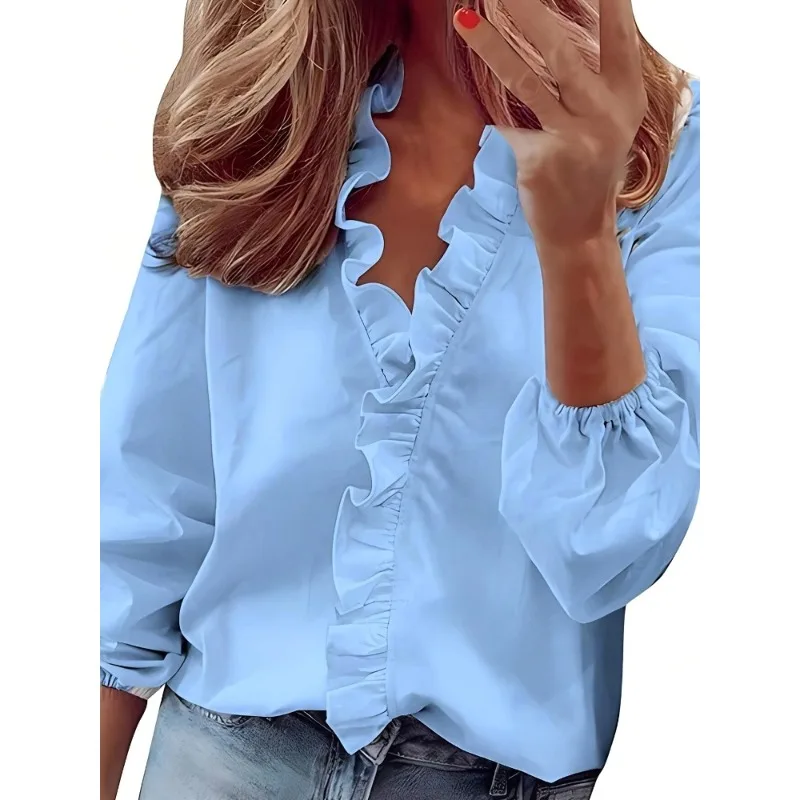 Damska koszula plus size 1XL-5XL, nowa, codzienna i modna, gładka, z koronkowym stójką i długim rękawem.