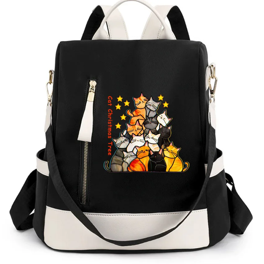 

Women's fashionable backpack Girls shoulder bag Funny Cat Christmas Tree Printed travel multifunctional bag Female handbag