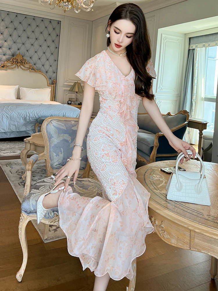 Sweet Gentle Long Dress for Women Elegant Lace Flower Ruffles Sleeve Bodycon Fishitail Robe Party Holiday Vestidos Maxi Clothes