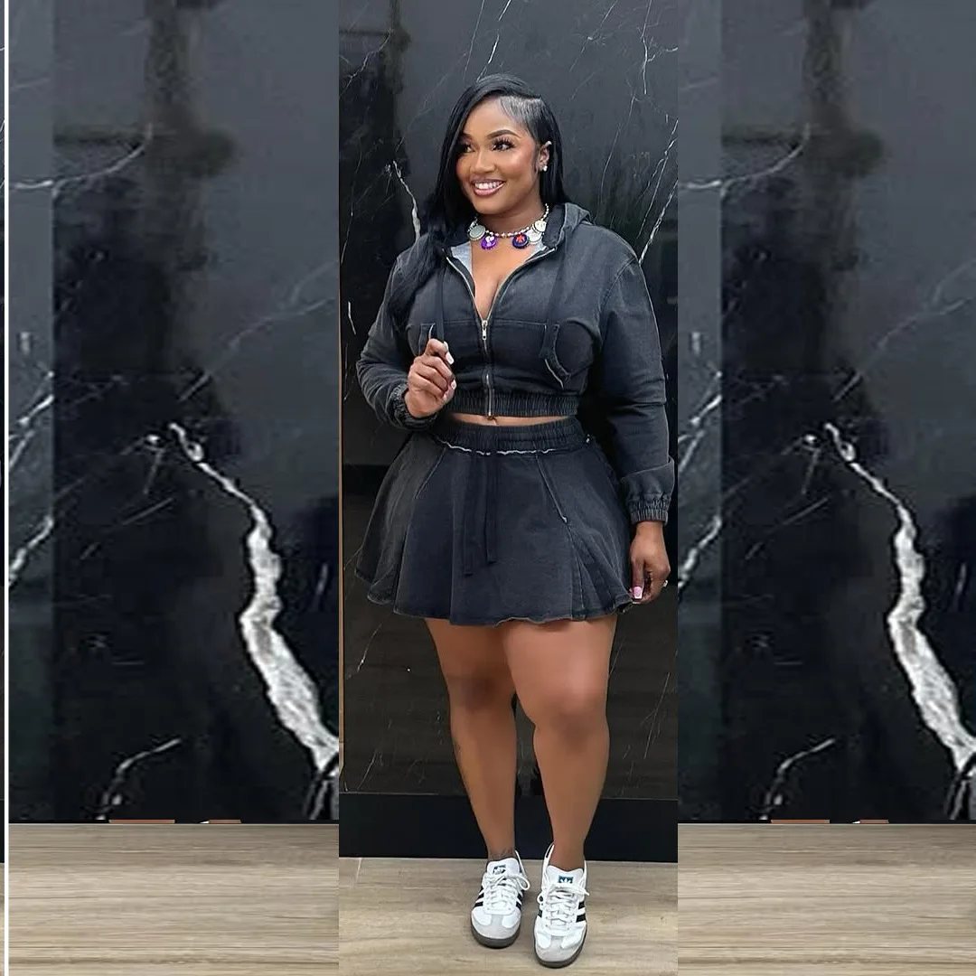 

Джинсовый женский комплект Уличная куртка с длинным рукавом с капюшоном и бальное платье трапециевидной формы Юбка Костюмы из двух предметов Джинсовый комплект Летний спортивный костюм