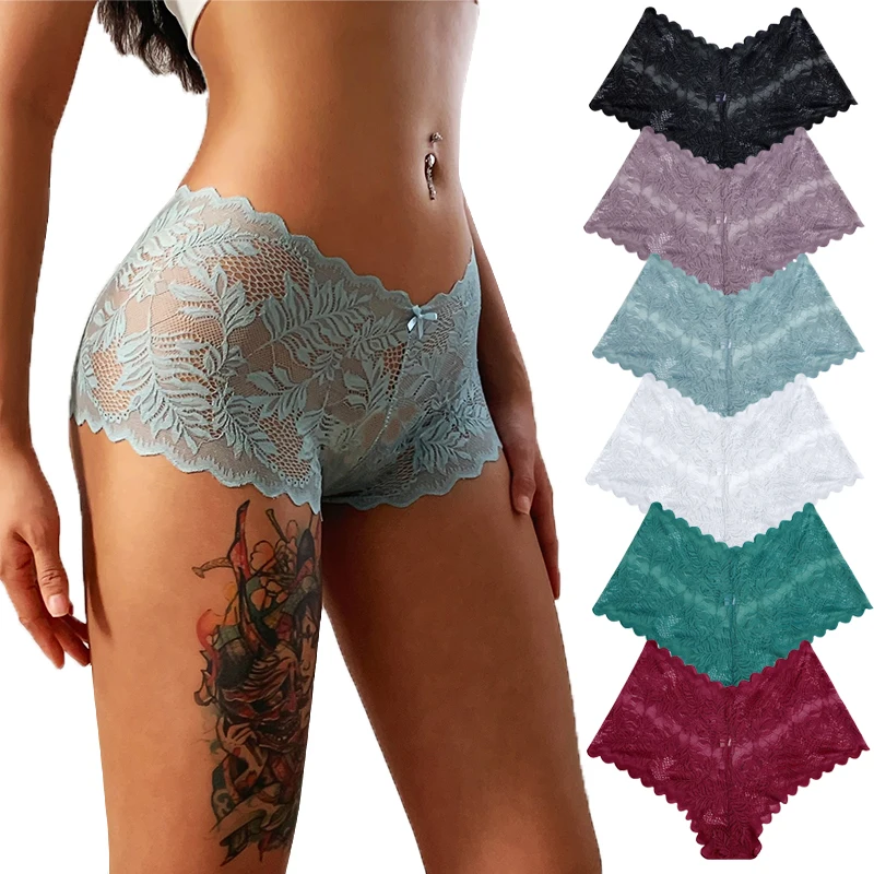 2PCS/Set Lace Panties for Women Floral Hollow Out Cheekie Style Sexy Underwear Female Intimates Lingerie Finetoo Design Panties