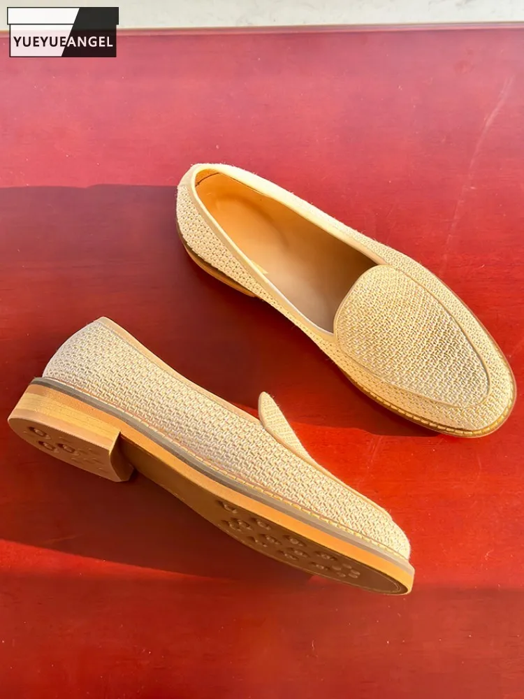 Men Handmade Dress Shoes Straw Weave Breathable Round Toe Platform Leisure Style Solid Color Genuine Leather Slip On Loafer