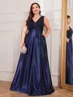 Vestido de noche elegante de talla grande con lentejuelas para mujer, vestido de fiesta de graduación de satén con escote en V profundo, vestidos formales de dama de honor hasta el suelo 2025