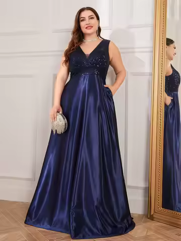 Plus Size Elegant Sequins Evening Dress For Women 2025 Deep V-neck Satin Prom Party Dress Floor Length Formal Bridesmaid Gowns
