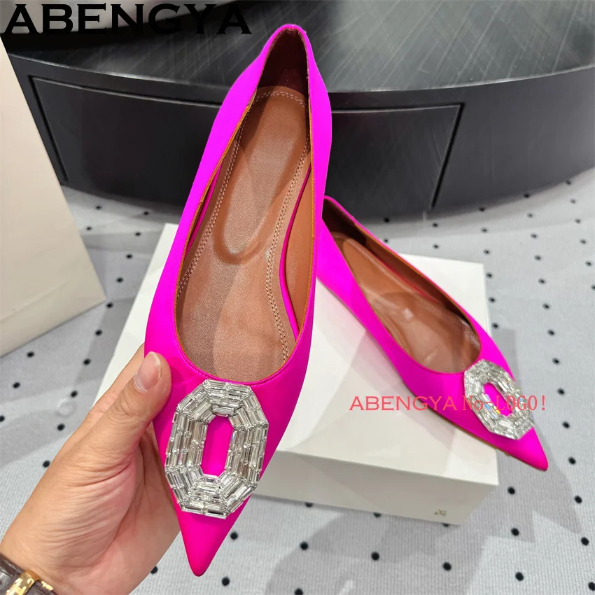 

ABENGYA 2026 Summer Pointy Toe Flat Shoes Women Leather Shallow Mouth Low Heels Dress Shoes Woman Sexy Crystal Party Shoes Woman