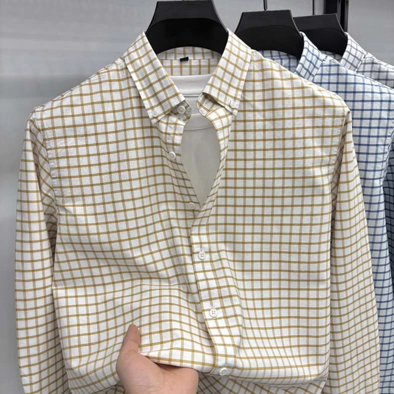 

2026 Spring and Autumn New Light Luxury Small Plaid Thin Shirt Men's Long Sleeve Business Casual Pure Cotton Non-ironing Tide