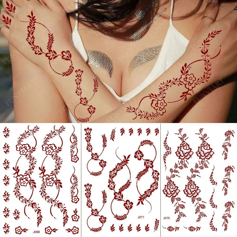 

Brown Henna Tattoos for Hand Waterproof Temporary Tattoos Fake Tattoo for Women Body Art Flower Hena Design Mehndi Stickers