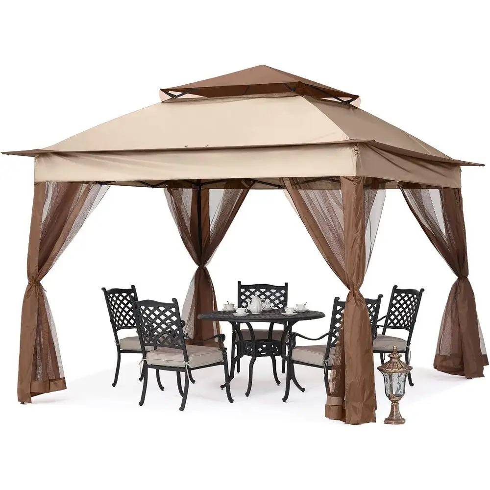 11x11 Gazebo with Netting Side Walls, Champagne | 180D Polyester, UP 50+ Waterproof, Double-Tiered Vented Roof, Portable, Easy S