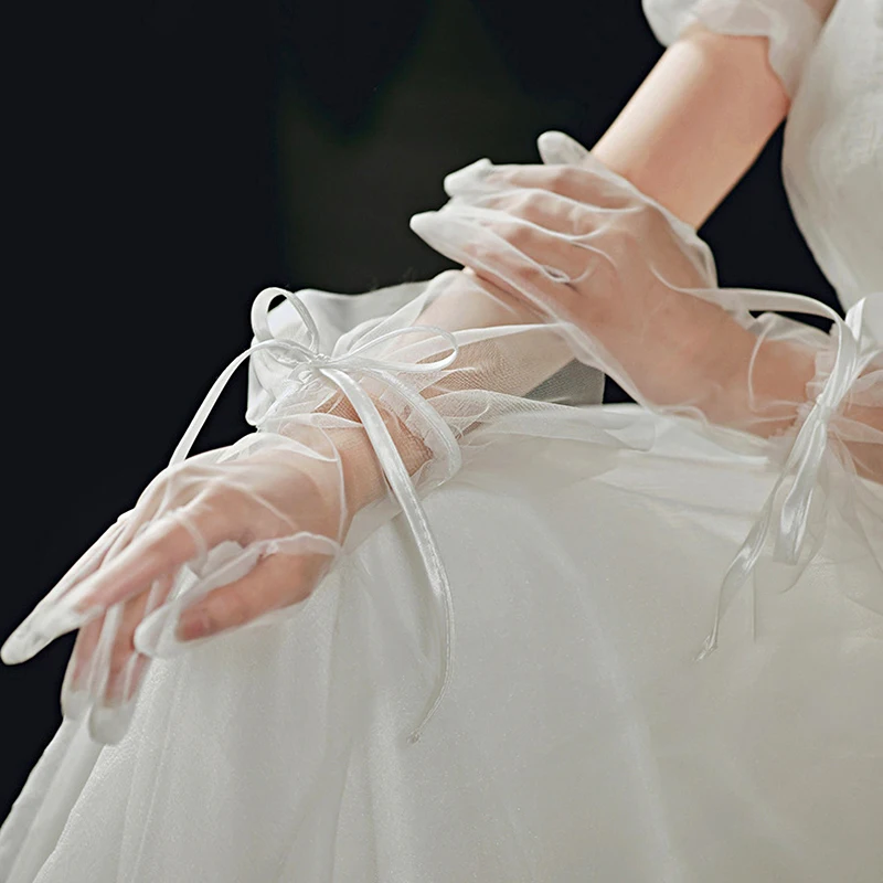 

1pair Simple Bridal Tulle Ribbon Gloves Bridesmaid White Elegant Breathable Wedding Women With bow Accessories Photograph