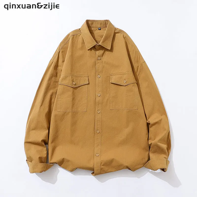 

2022 Men Casual Cargo Shirts Long-sleeved Chest Two Pocket Design 100% Cotton Solid Casual Turn-down Collar Shirt M-3XL