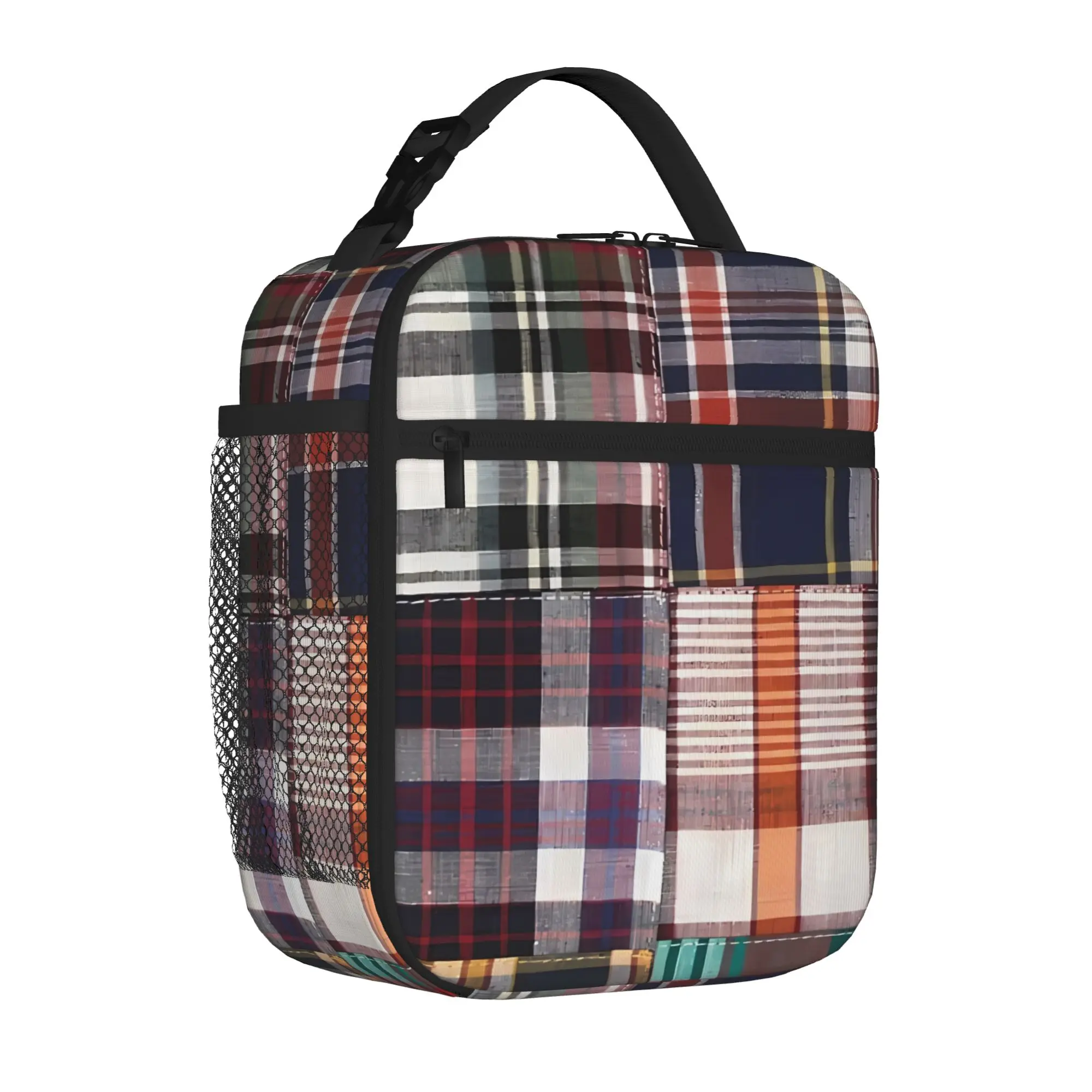 1 Piece Portable Lunch Container Madras, Preppy Patchwork Madras Zipper Closure Durable Pocket Back To School For Lunch Box Bag