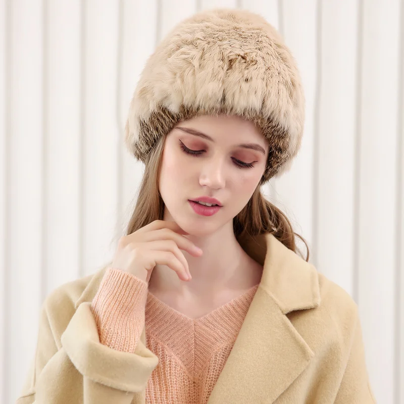 

Rex Rabbit Fur Hat Women Winter Beanie Knitted Baotou Fur Hat Lady Outdoor Fashion Thick Fur Hat Ear Protection Russian Hat