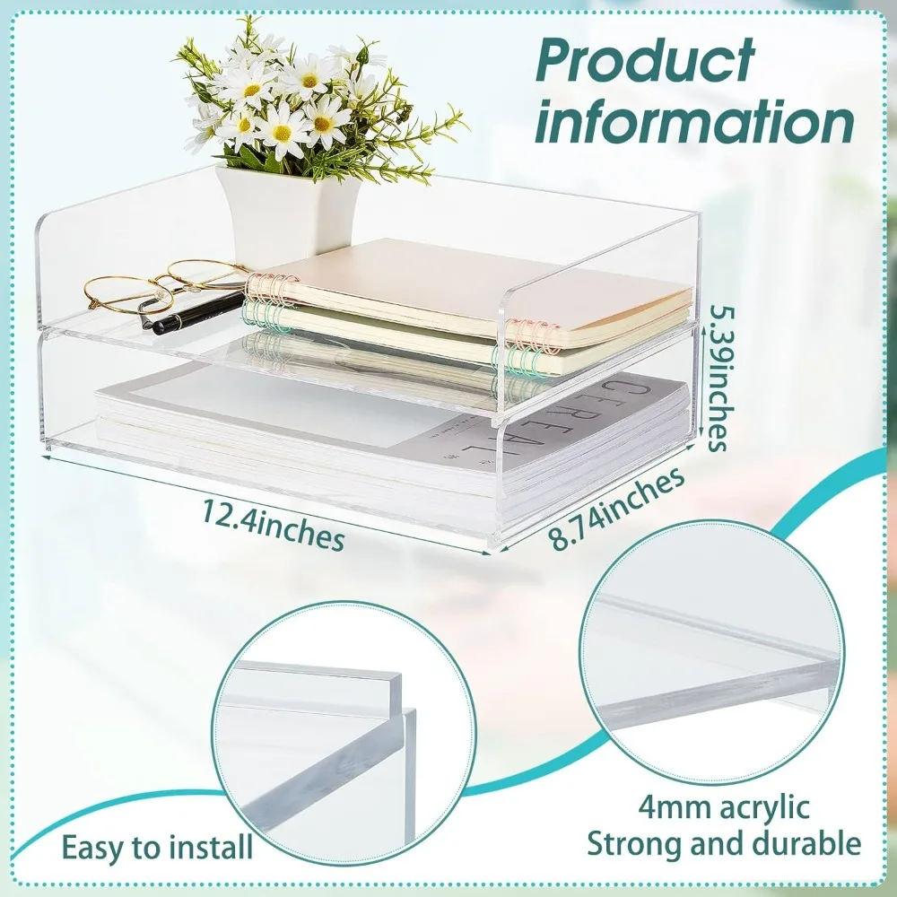 2 Pcs Acrylic Desk Organizers (12.4 x 8.74 x 2.68 Inch); Stackable Paper File Tray for Office Workspace Organization.