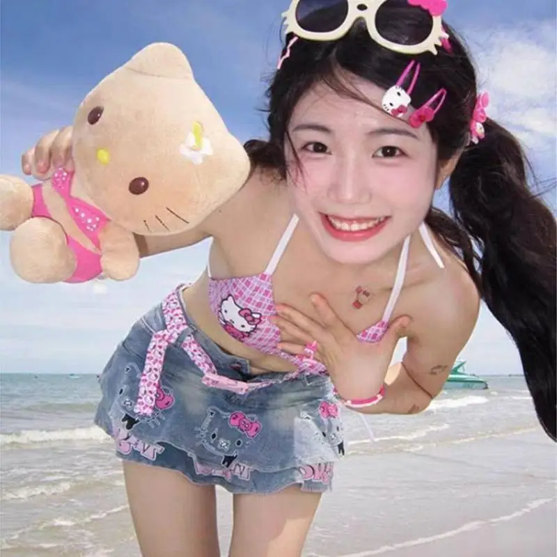 مرحبا كيتي بيكيني ملابس السباحة سانريو مثير ملابس السباحة اليابانية لطيف فتاة الصيف الحلو سبا عطلة السباحة الشاطئ الساخن طباعة ملابس السباحة