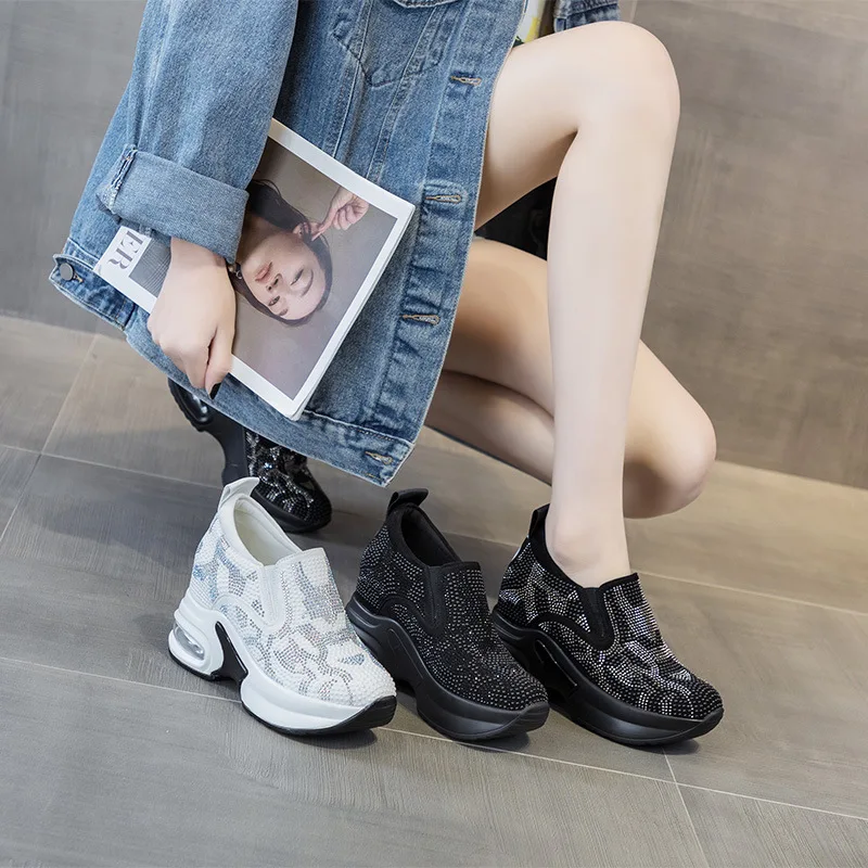 2026 Spring Autumn New Diamond High Configuration Rhinestone Embedded Height Increasing Small White Shoes Foreign Trade Korean