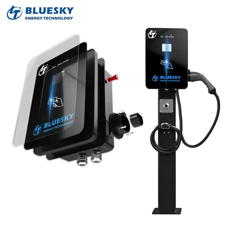 Bluesky 3phase Wallbox 22kw Ac Ev Charger Wall-Mounted Ev Charger 32a Ev Car Charger Station With Type 2 Gb/T 2.4 Screen