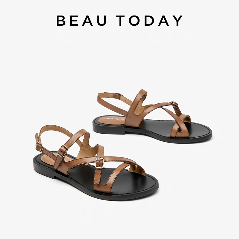 BEAUTODAY Cross-tied Sandals for Women Genuine Cow Leather 2024 Summer Ankle Buckle Female Gladiator Platform Ladies Shoes 32439