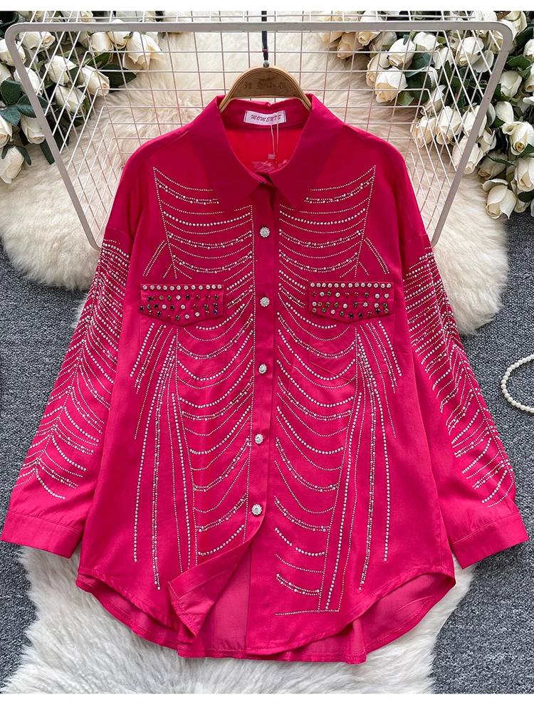 Printemps automne mode européenne diamant chaud à manches longues Blouse pour les femmes nouveau grand décontracté ample simple boutonnage petit haut C321